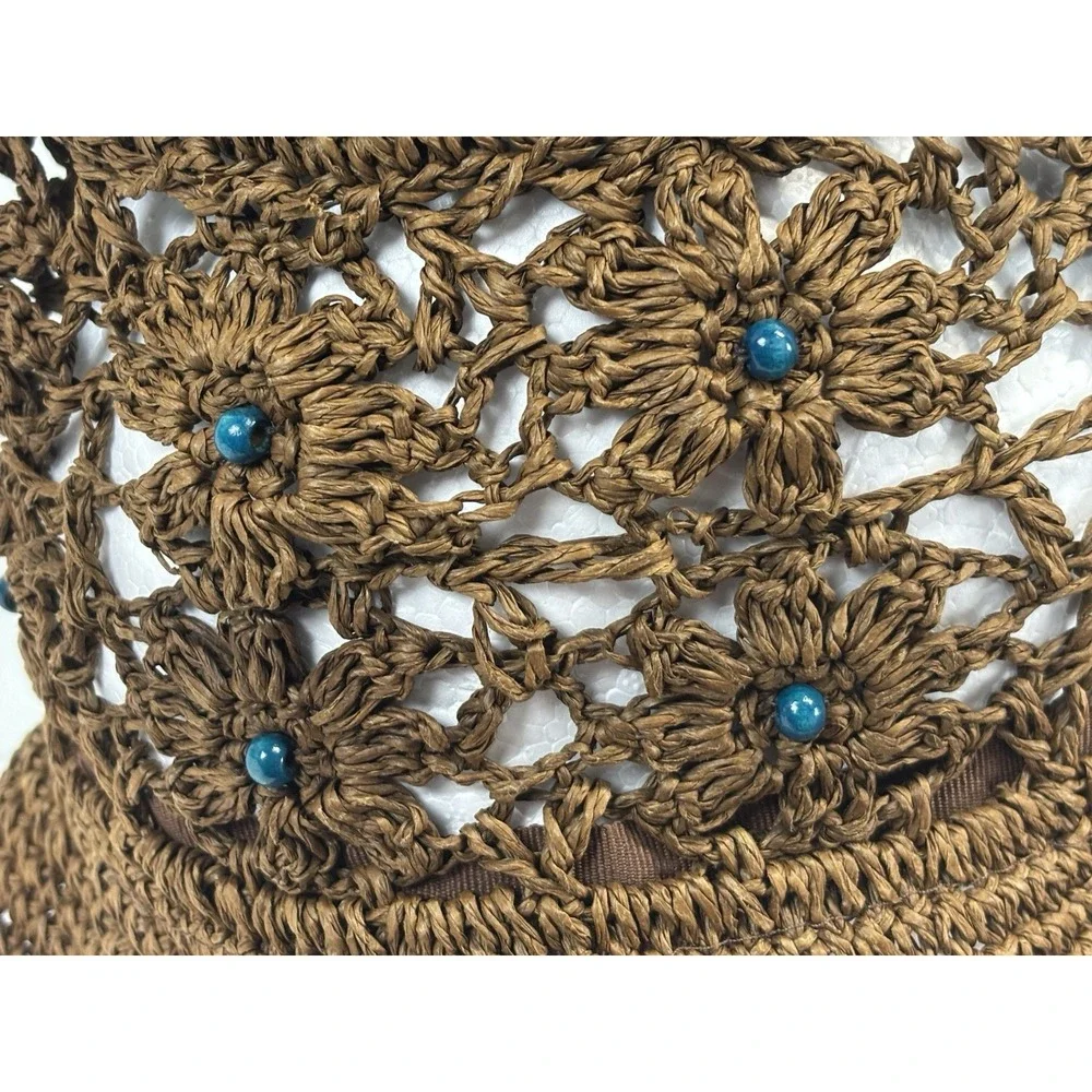 Unbranded Crochet Raffia Bucket Hat Women's Blue Bead Y2K Hippie Indie Grunge